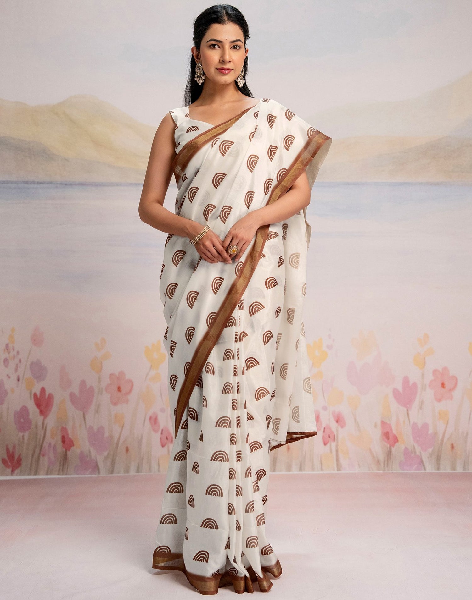 Ready To Wear Off White Silk Printed Saree