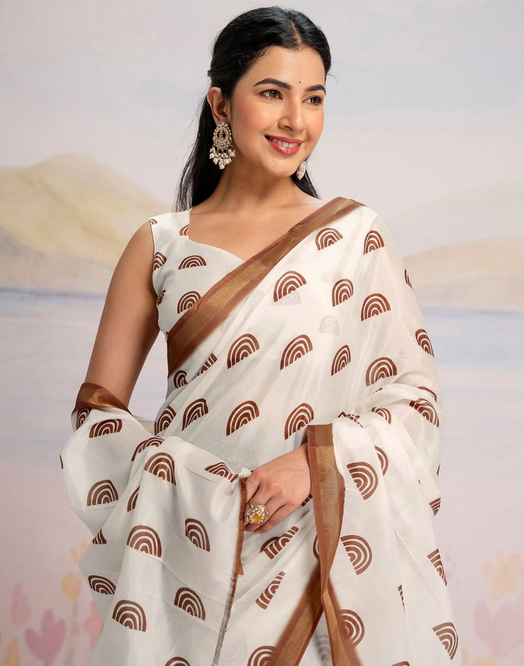 Ready To Wear Off White Silk Printed Saree