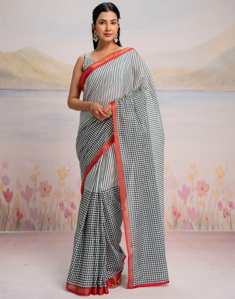 Ready To Wear Off White Silk Printed Saree