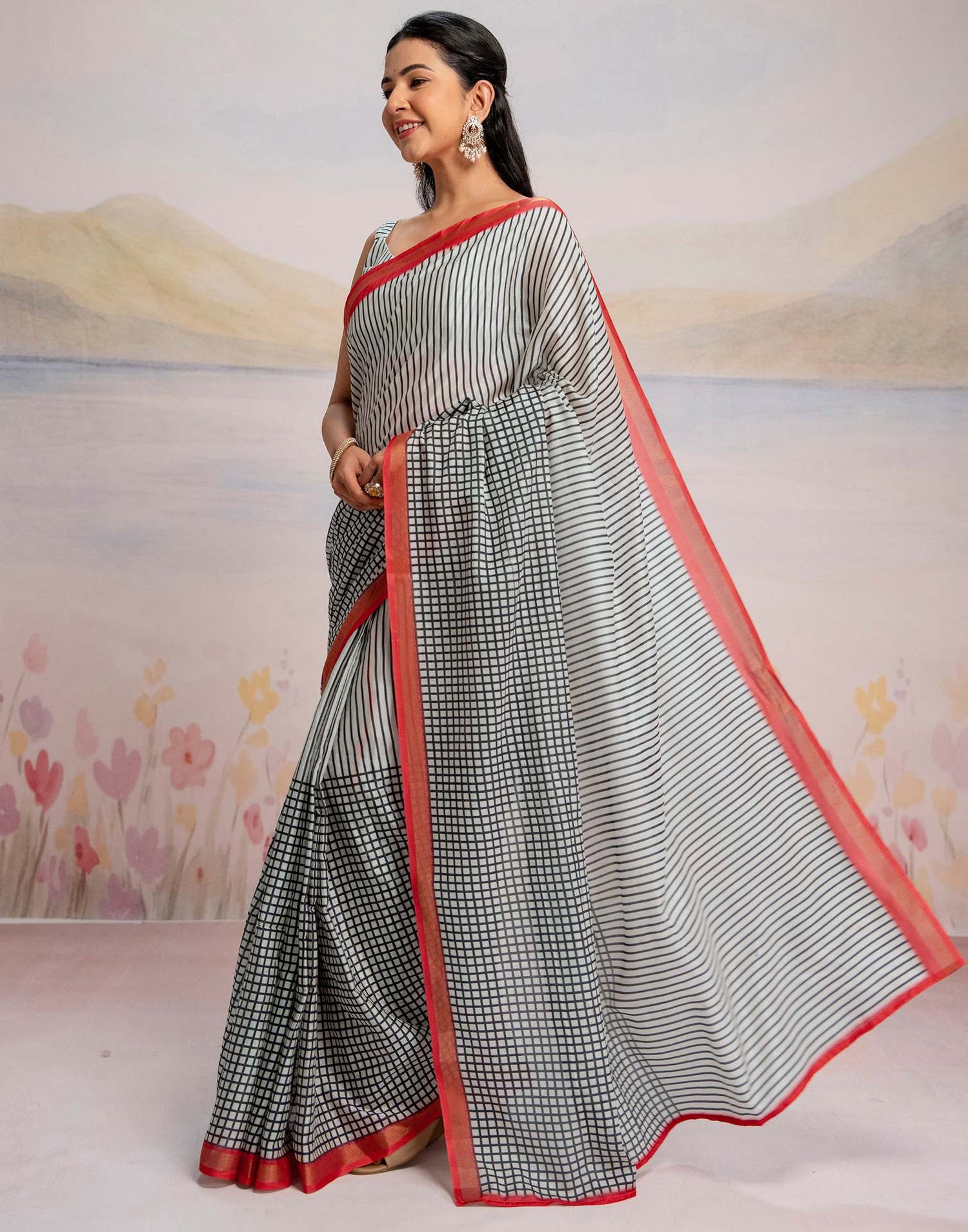 Ready To Wear Off White Silk Printed Saree