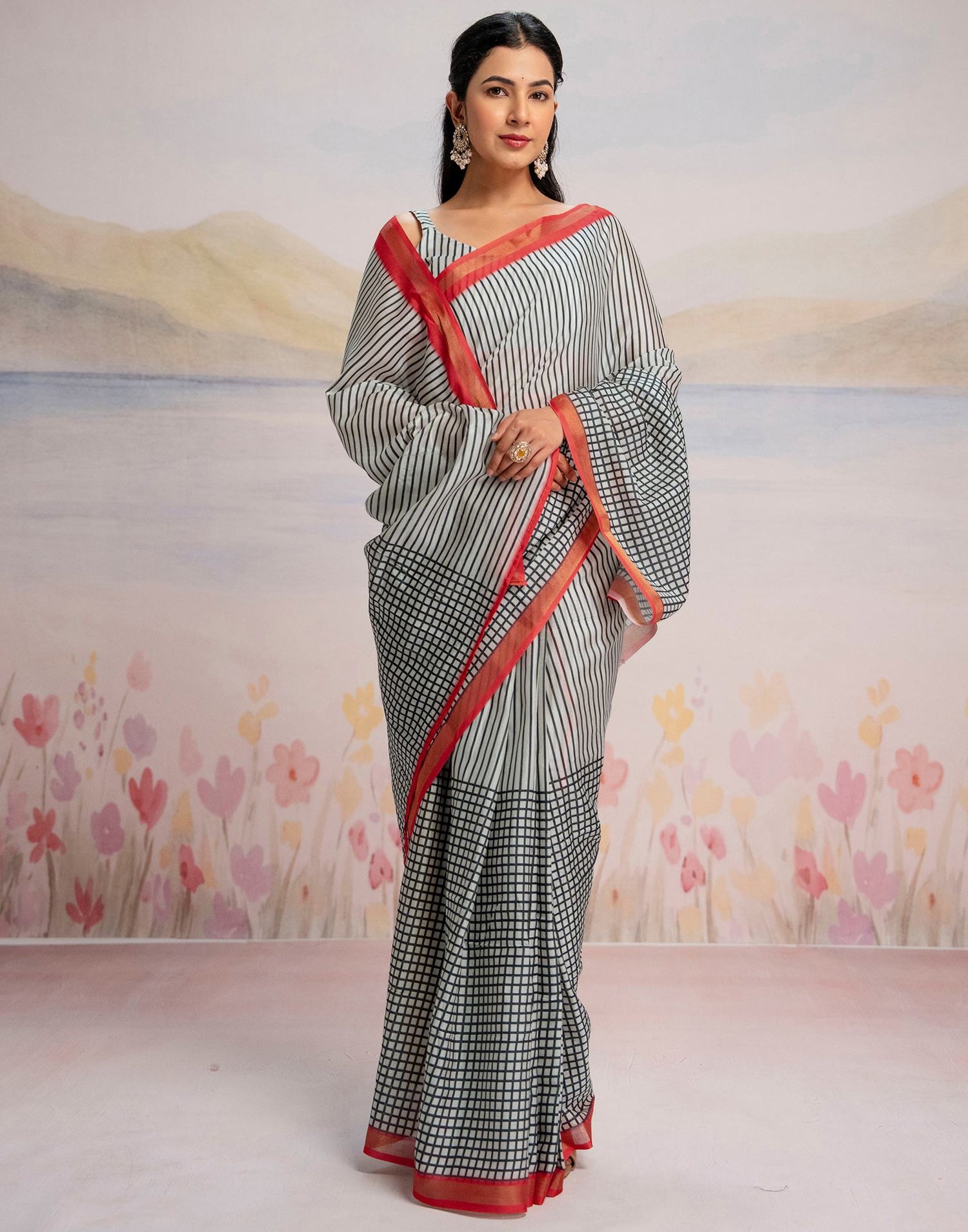 Ready To Wear Off White Silk Printed Saree