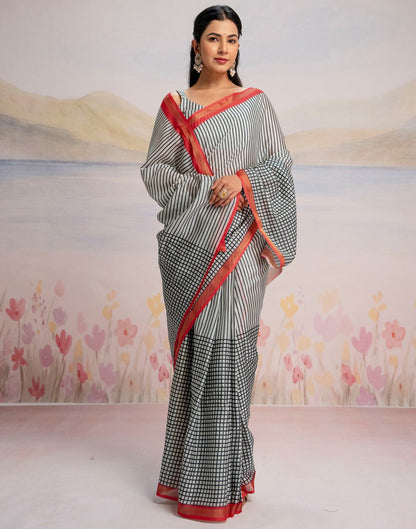 Ready To Wear Off White Silk Printed Saree