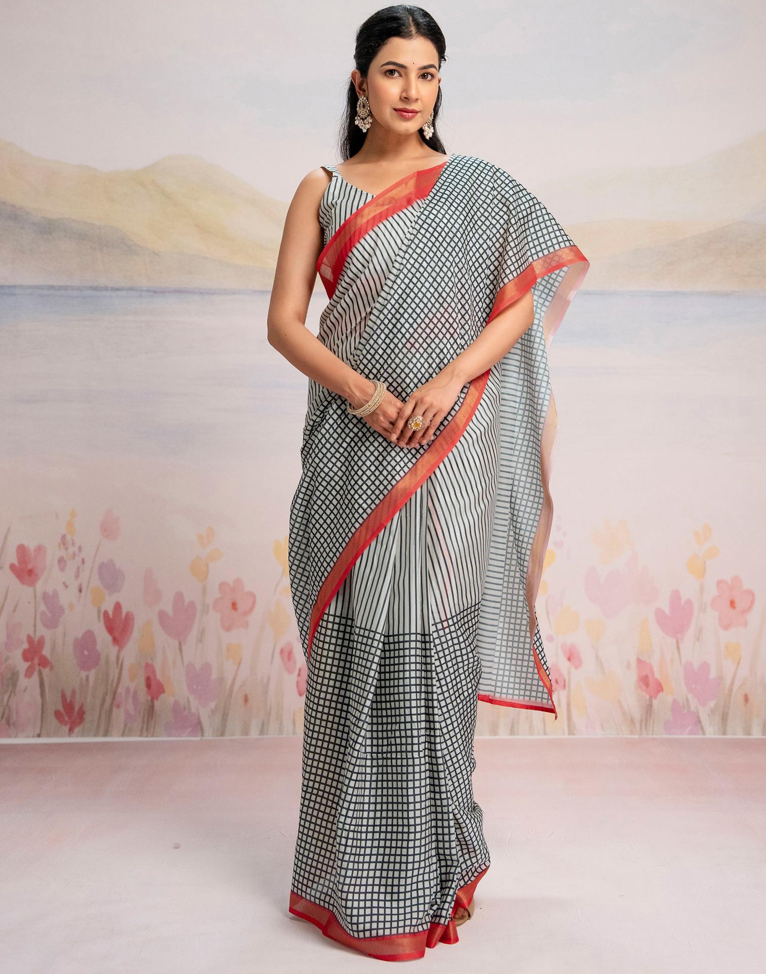 Ready To Wear Off White Silk Printed Saree