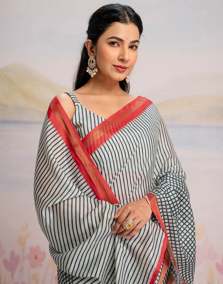 Ready To Wear Off White Silk Printed Saree