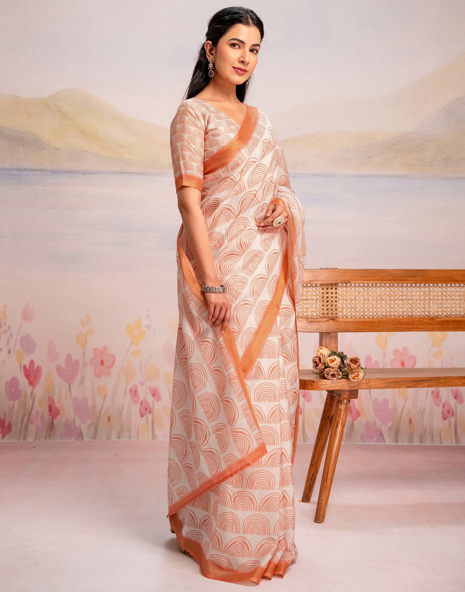 Ready To Wear Off White Silk Printed Saree
