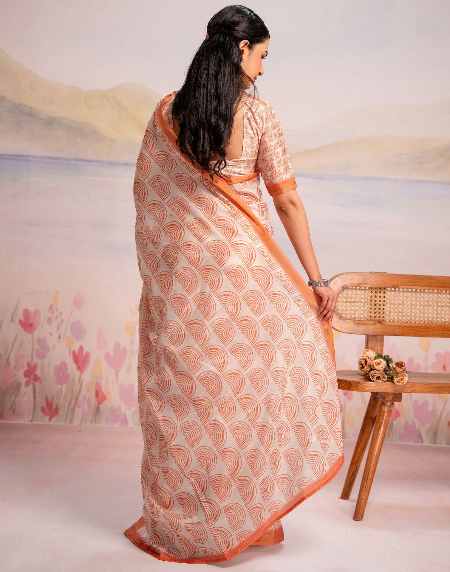 Ready To Wear Off White Silk Printed Saree