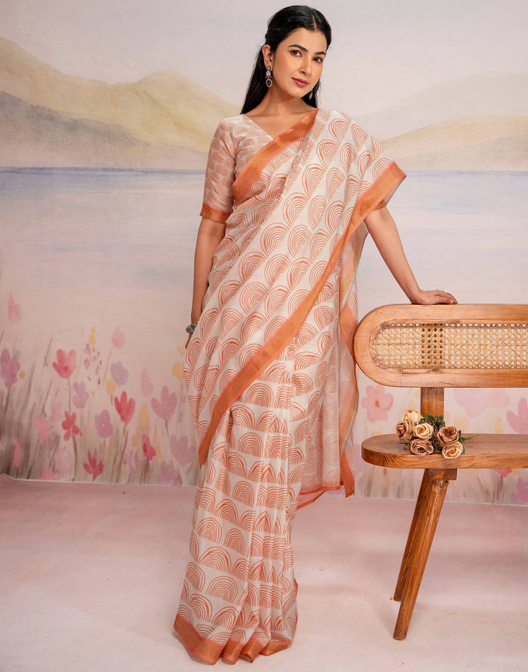 Ready To Wear Off White Silk Printed Saree