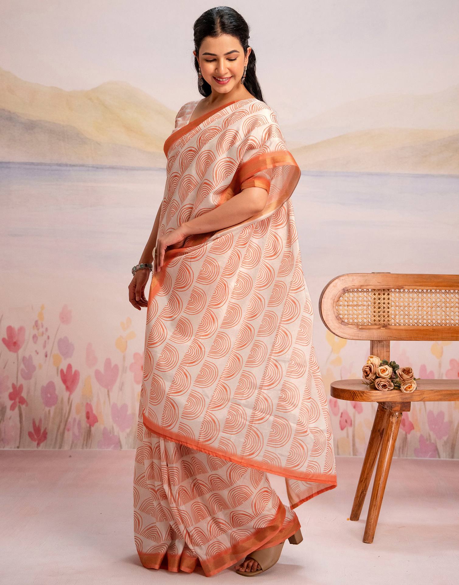 Ready To Wear Off White Silk Printed Saree