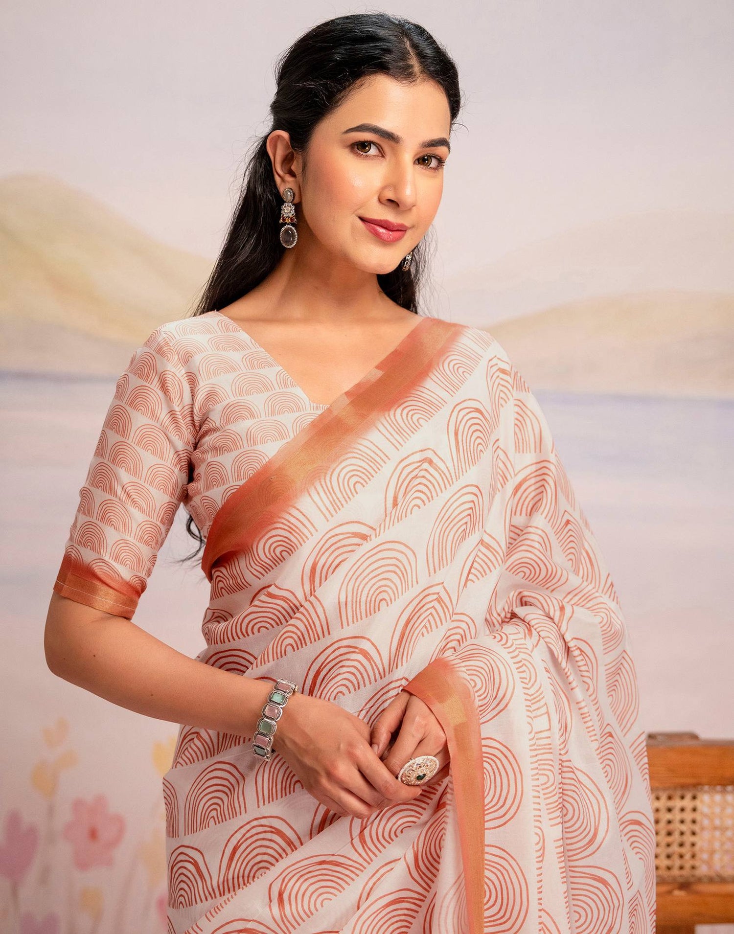 Ready To Wear Off White Silk Printed Saree