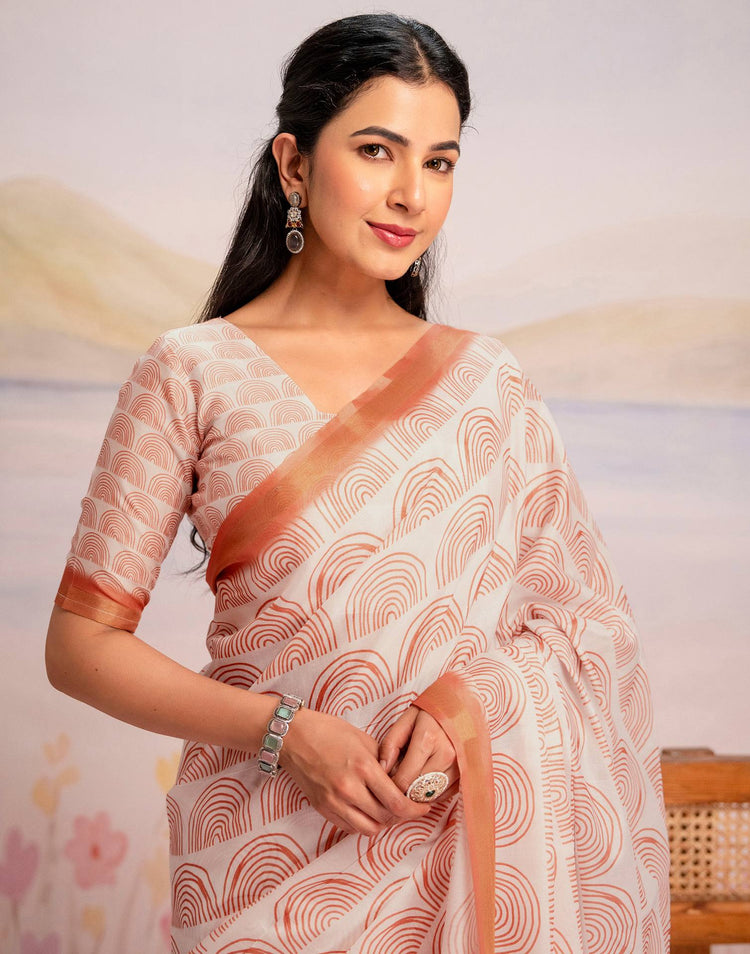 Ready To Wear Off White Silk Printed Saree