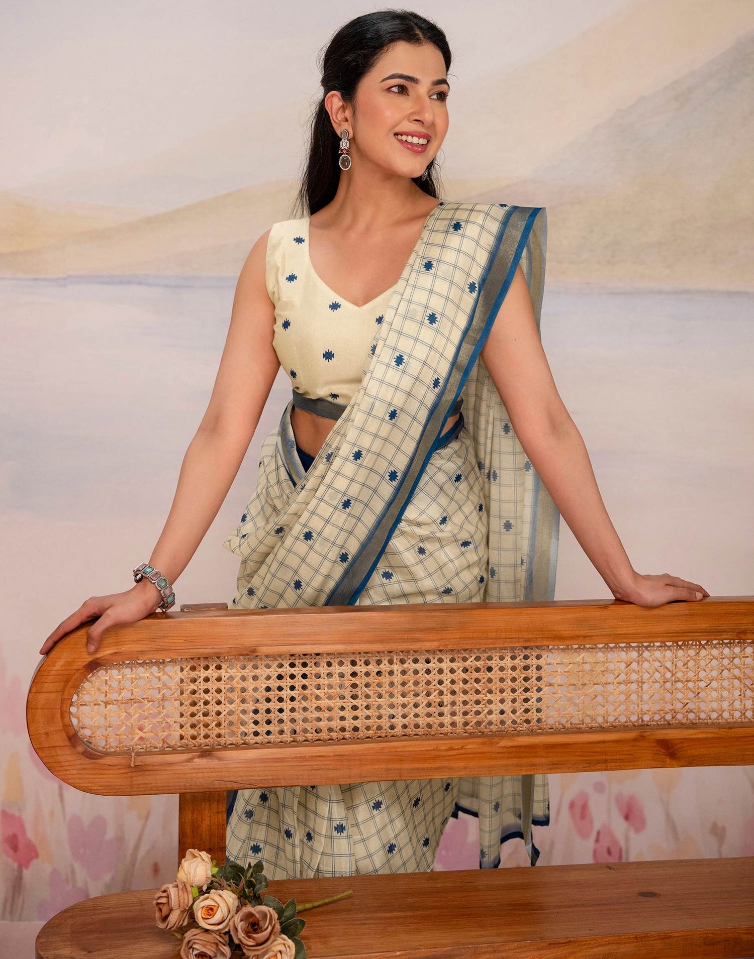 Ready To Wear Cream Silk Printed Saree