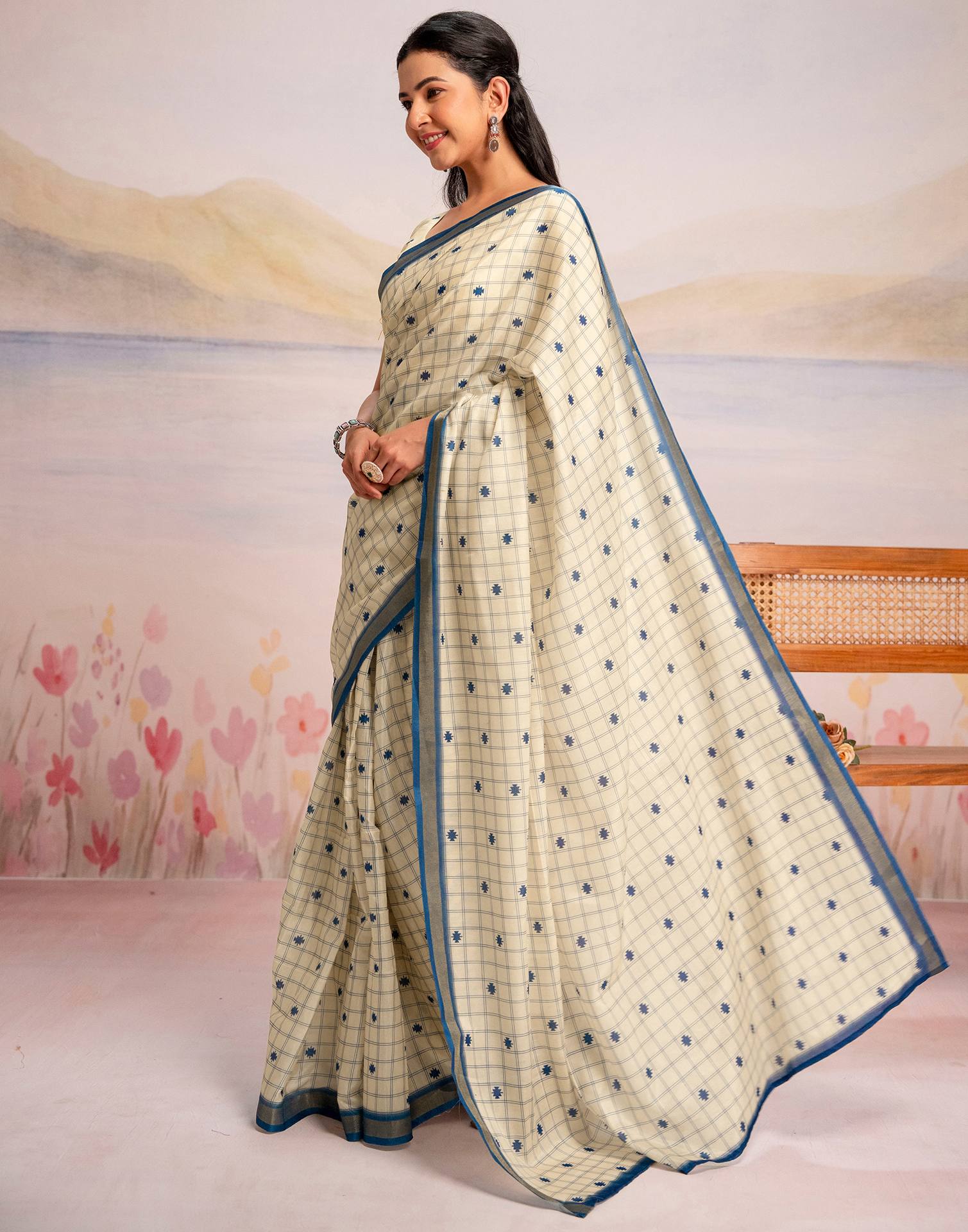 Ready To Wear Cream Silk Printed Saree