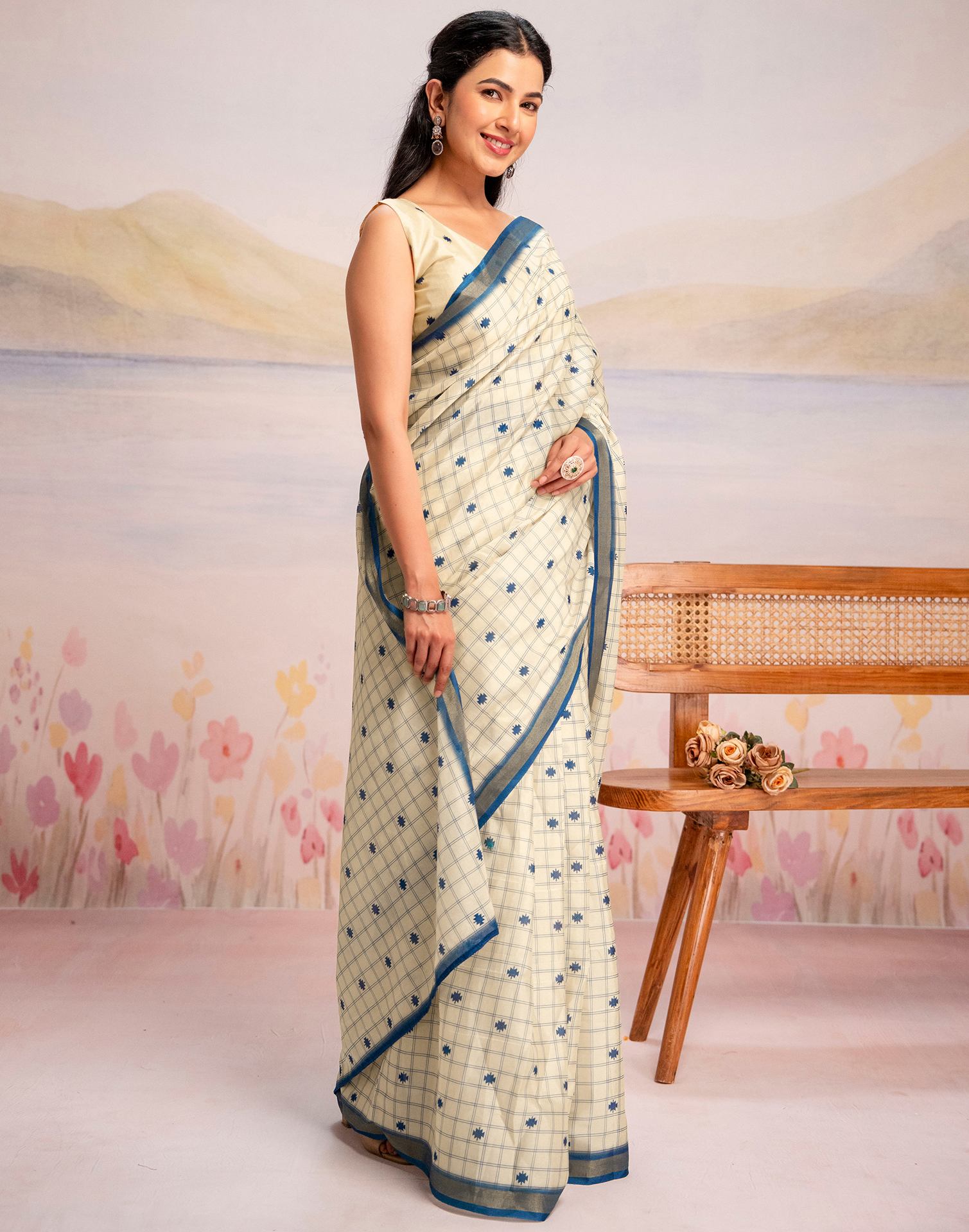 Ready To Wear Cream Silk Printed Saree