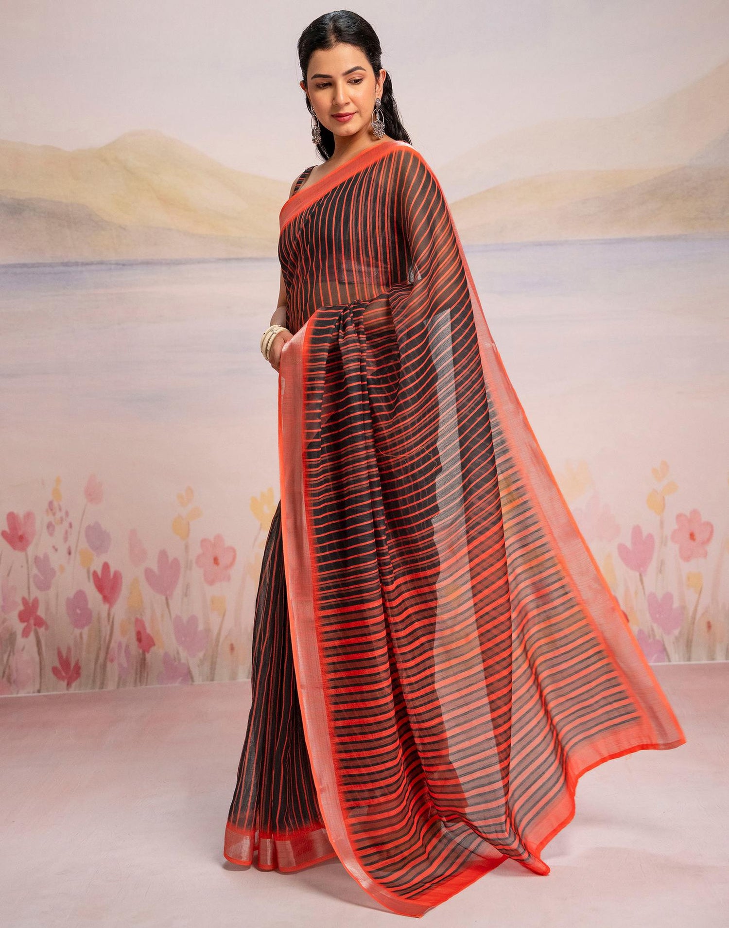 Ready To Wear Black Silk Printed Saree