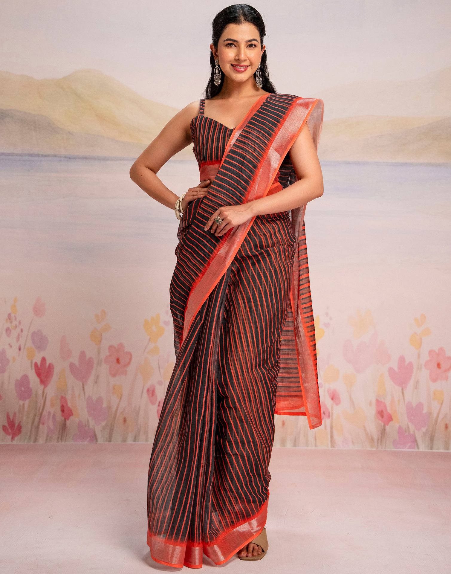 Ready To Wear Black Silk Printed Saree