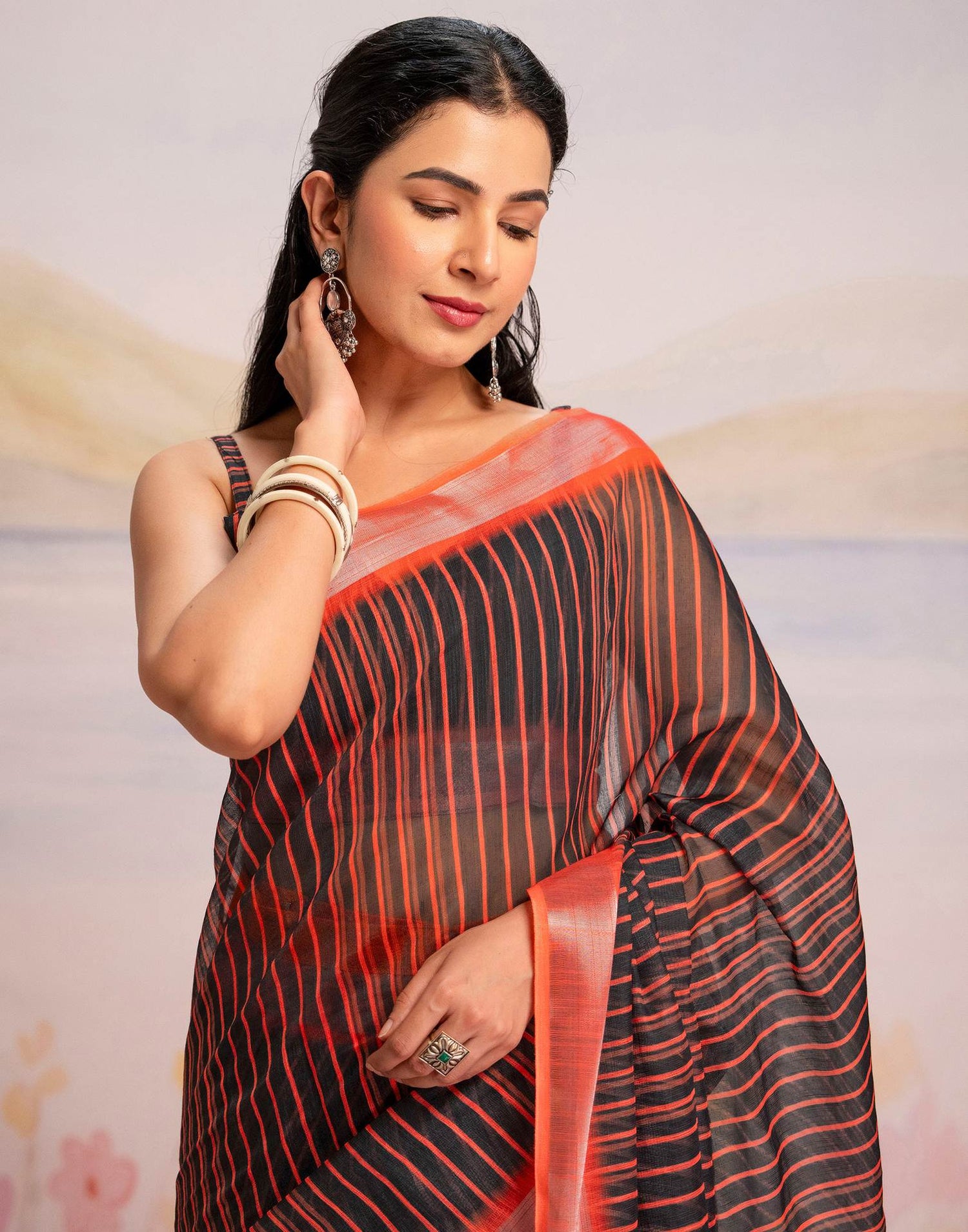 Ready To Wear Black Silk Printed Saree