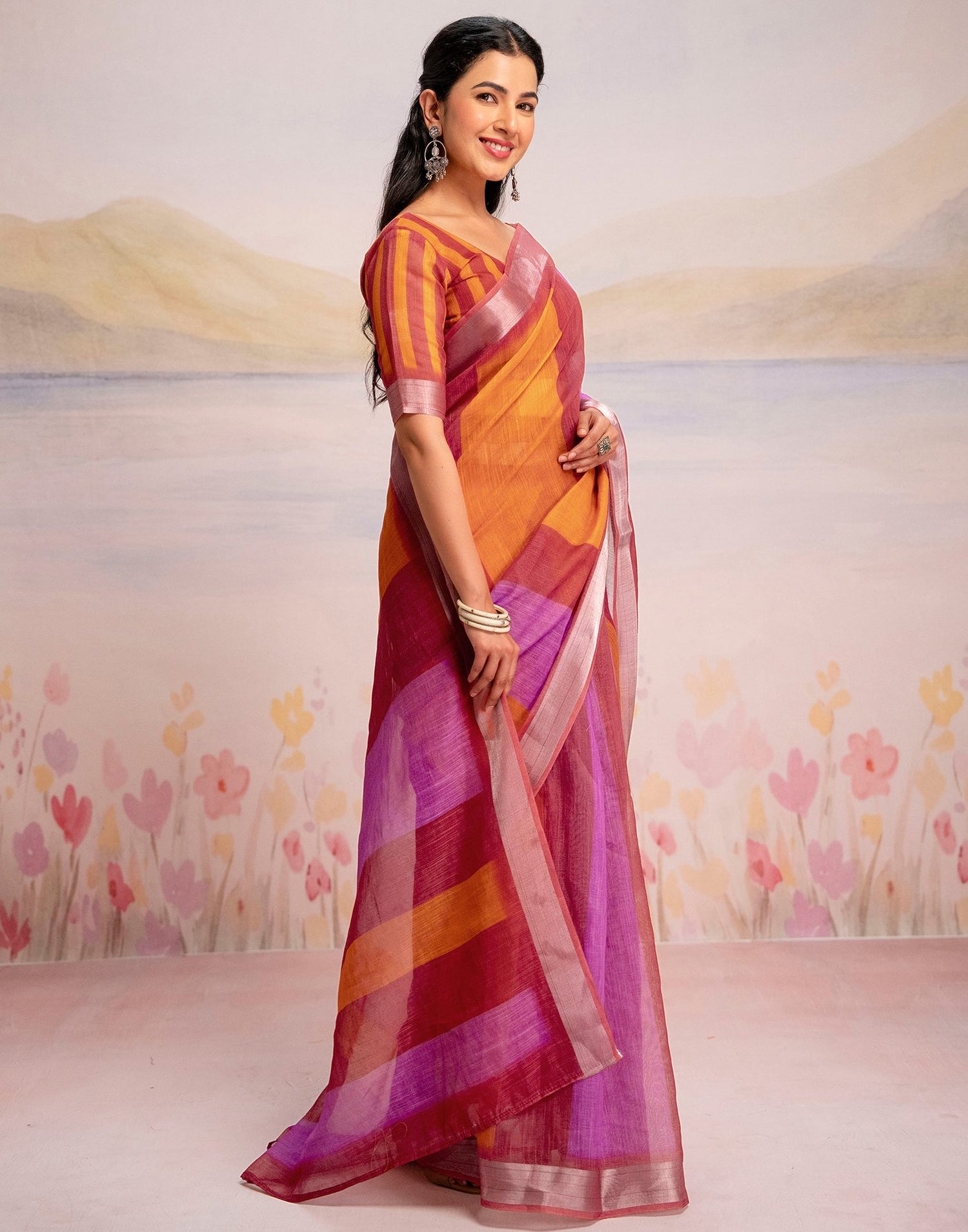 Ready To Wear Multicoloured Silk Printed Saree
