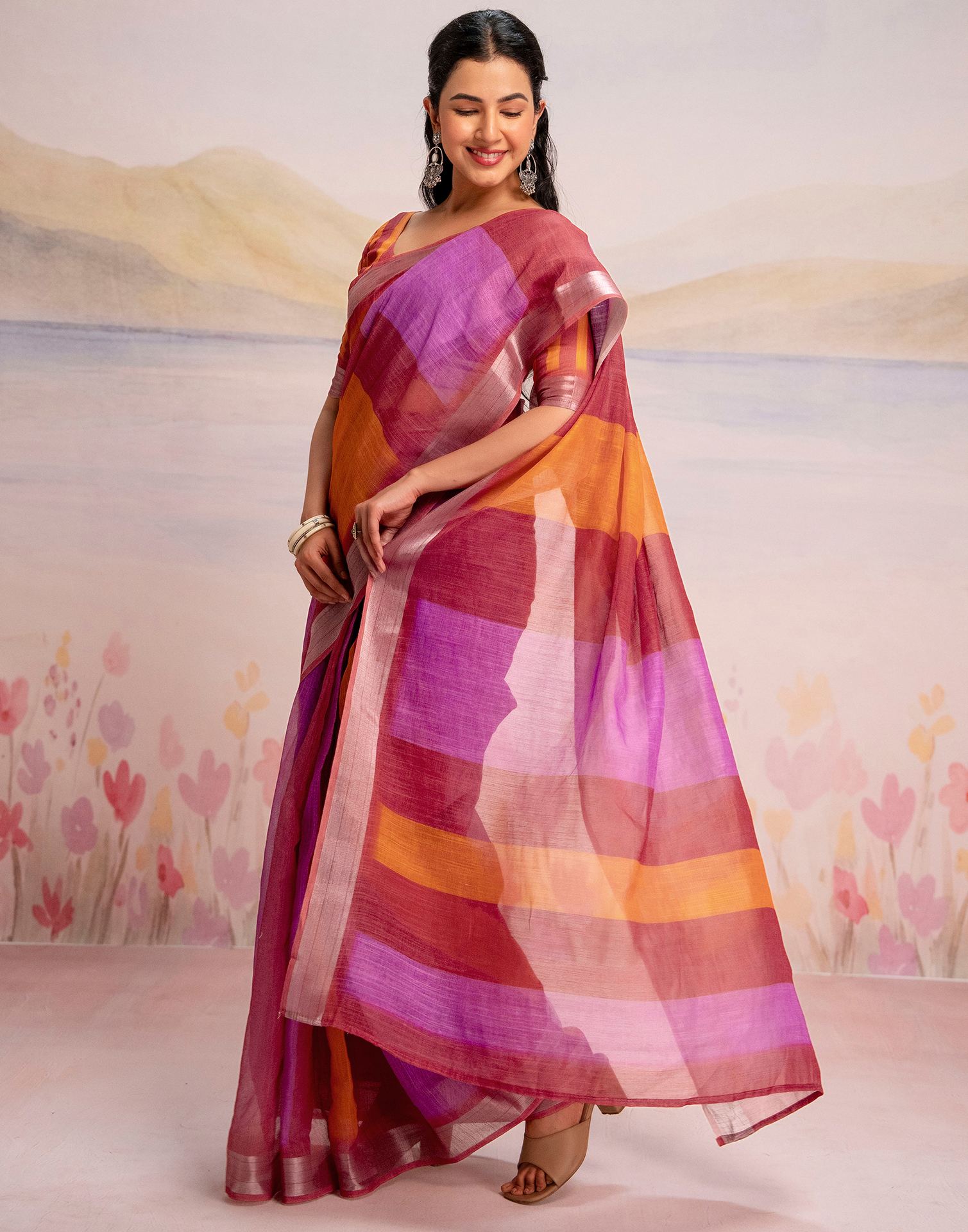 Ready To Wear Multicoloured Silk Printed Saree