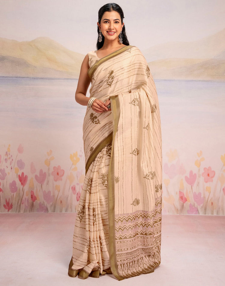 Ready To Wear Peach Silk Printed Saree