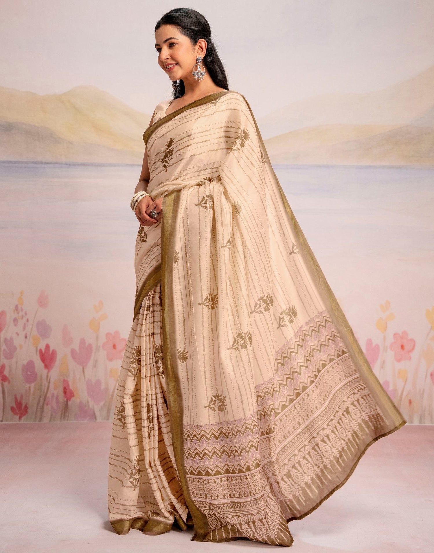 Ready To Wear Peach Silk Printed Saree