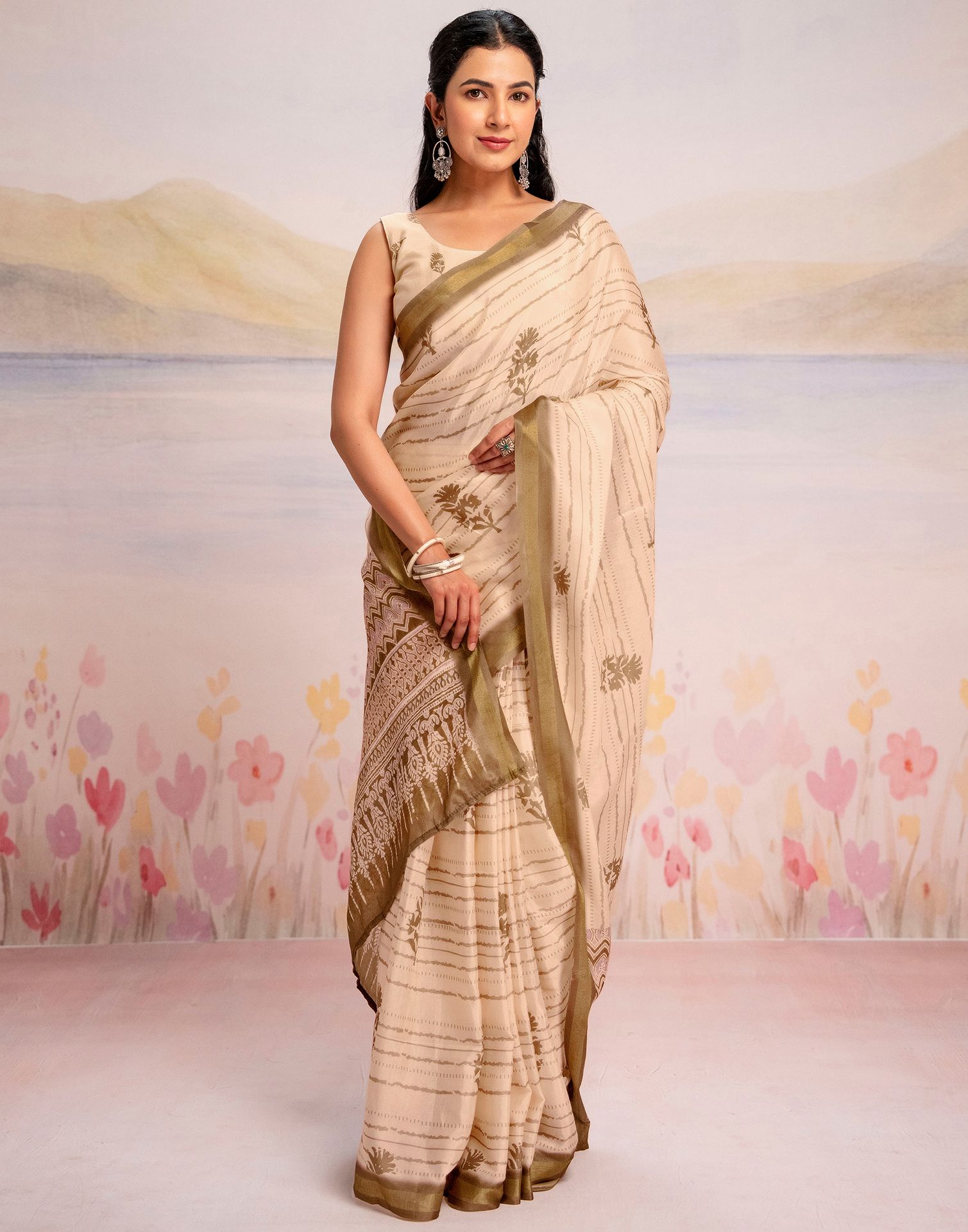 Ready To Wear Peach Silk Printed Saree