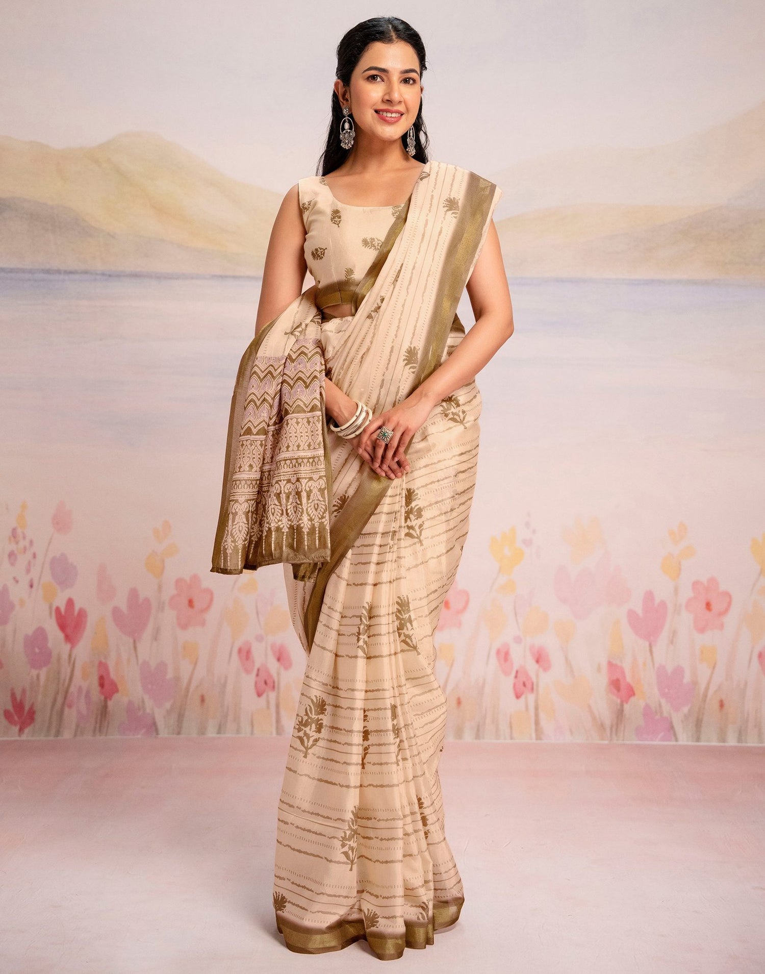 Ready To Wear Peach Silk Printed Saree