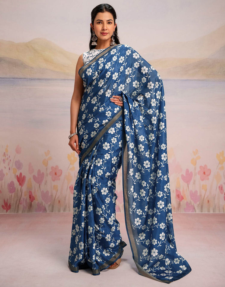 Ready To Wear Blue Silk Floral Printed Saree