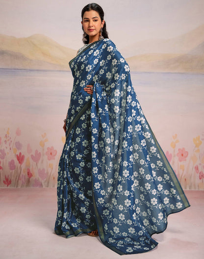Ready To Wear Blue Silk Floral Printed Saree