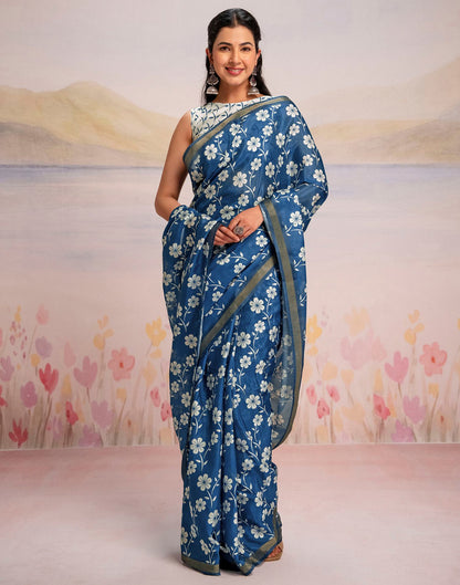 Ready To Wear Blue Silk Floral Printed Saree