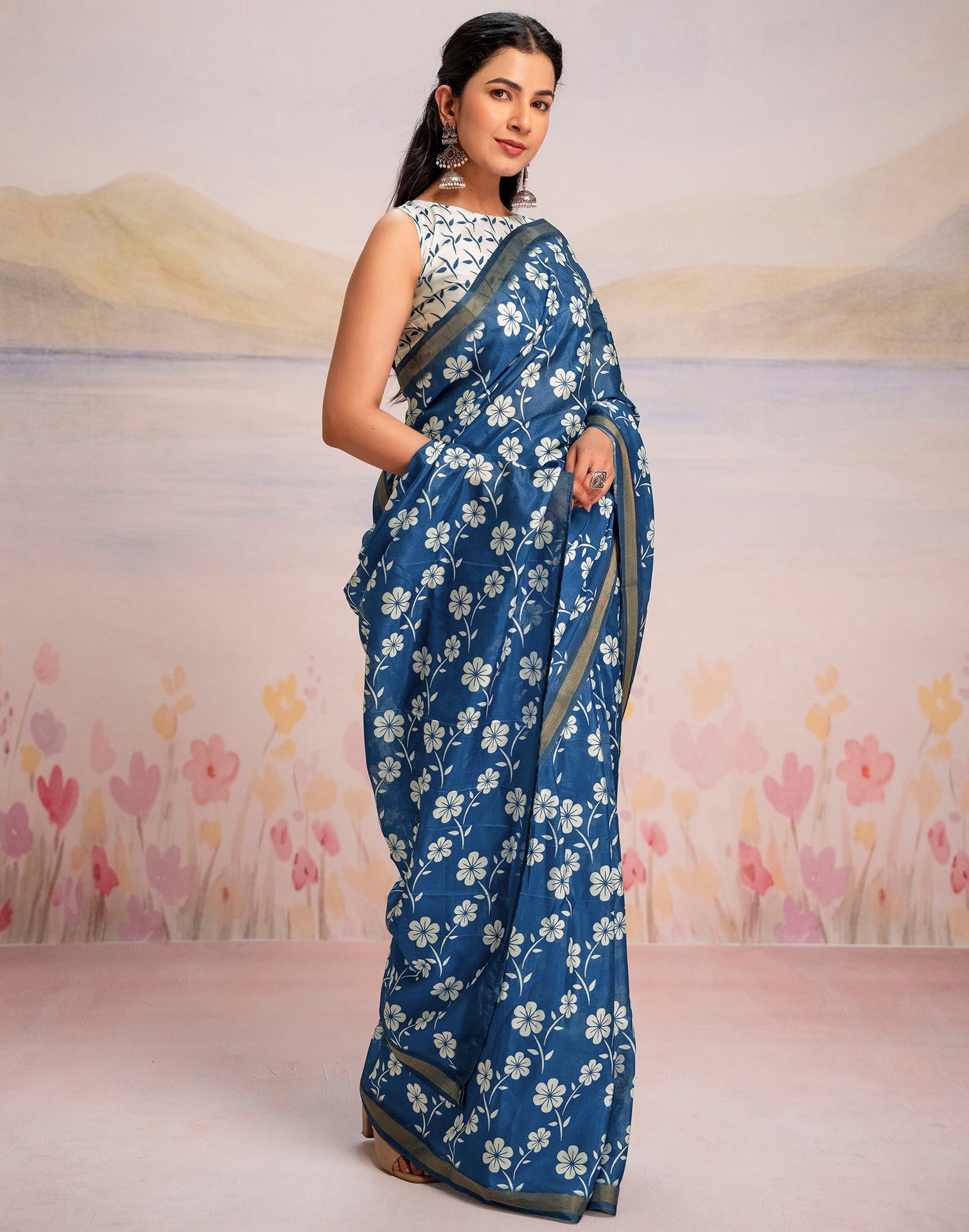 Ready To Wear Blue Silk Floral Printed Saree