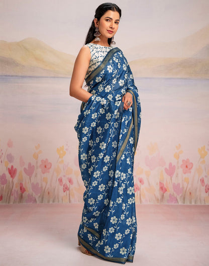 Ready To Wear Blue Silk Floral Printed Saree