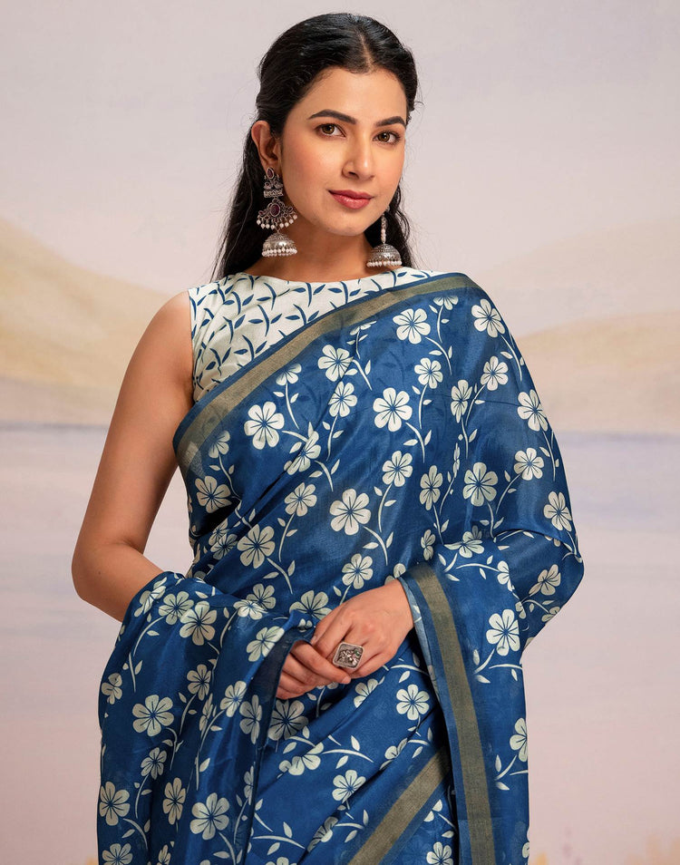 Ready To Wear Blue Silk Floral Printed Saree