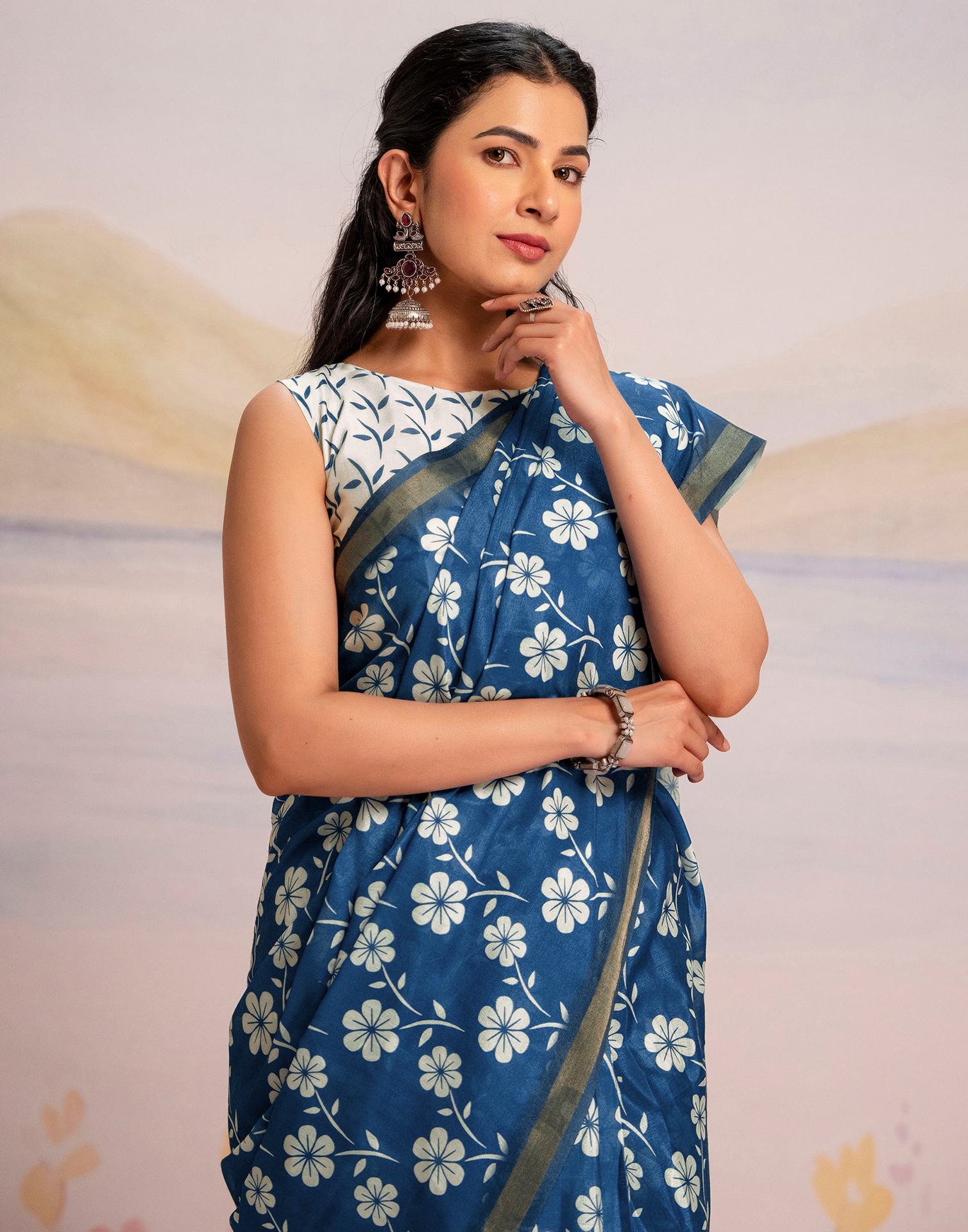 Ready To Wear Blue Silk Floral Printed Saree