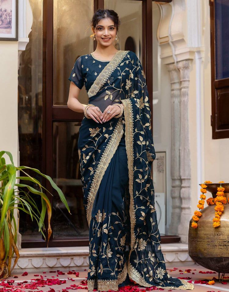 Rama Blue Georgette Embroidery Saree