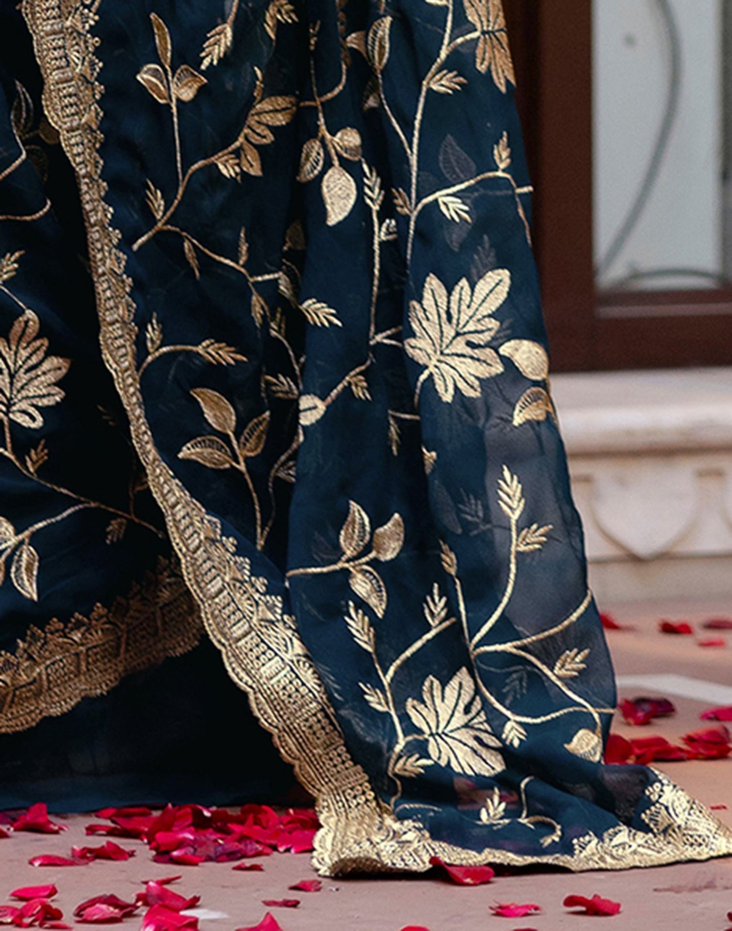 Rama Blue Georgette Embroidery Saree