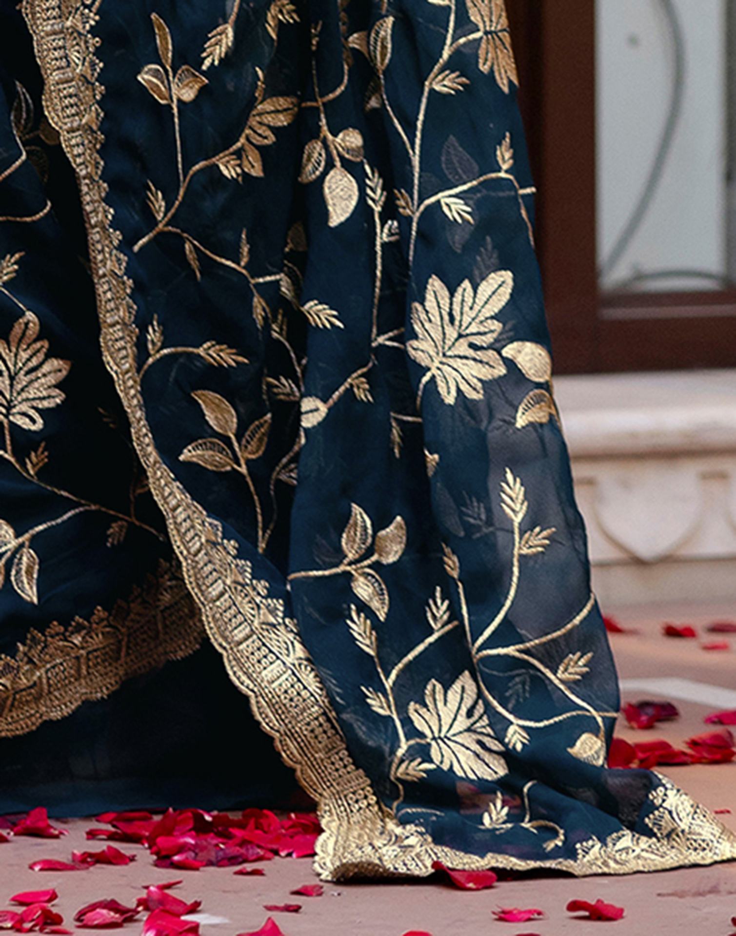 Rama Blue Georgette Embroidery Saree