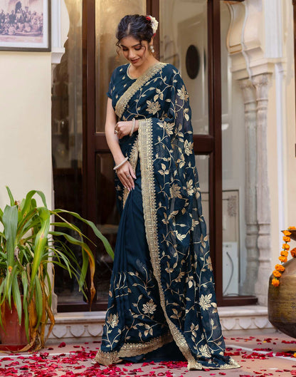 Rama Blue Georgette Embroidery Saree