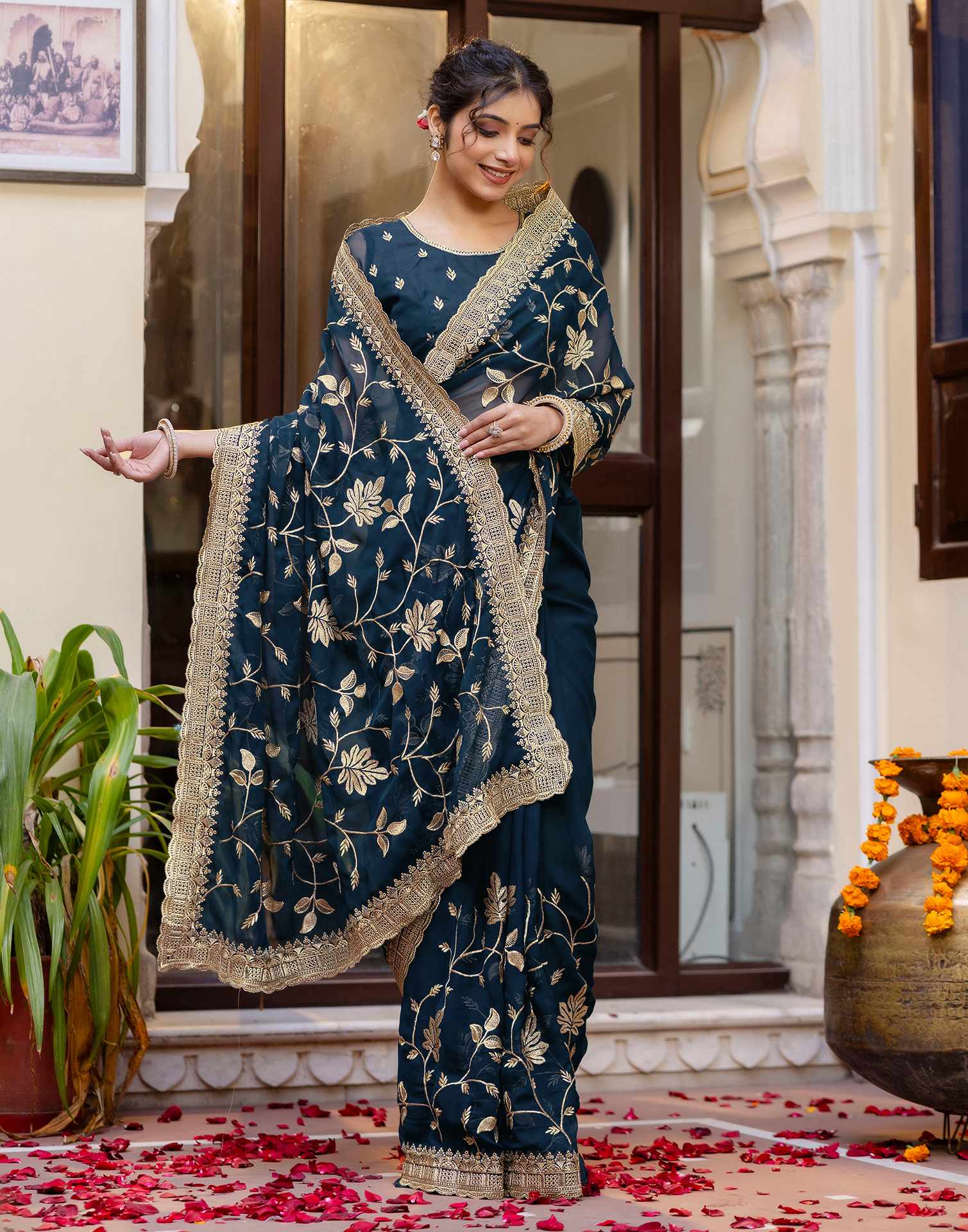 Rama Blue Georgette Embroidery Saree