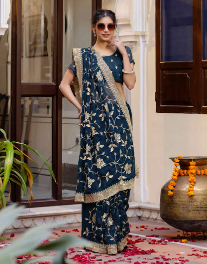 Rama Blue Georgette Embroidery Saree