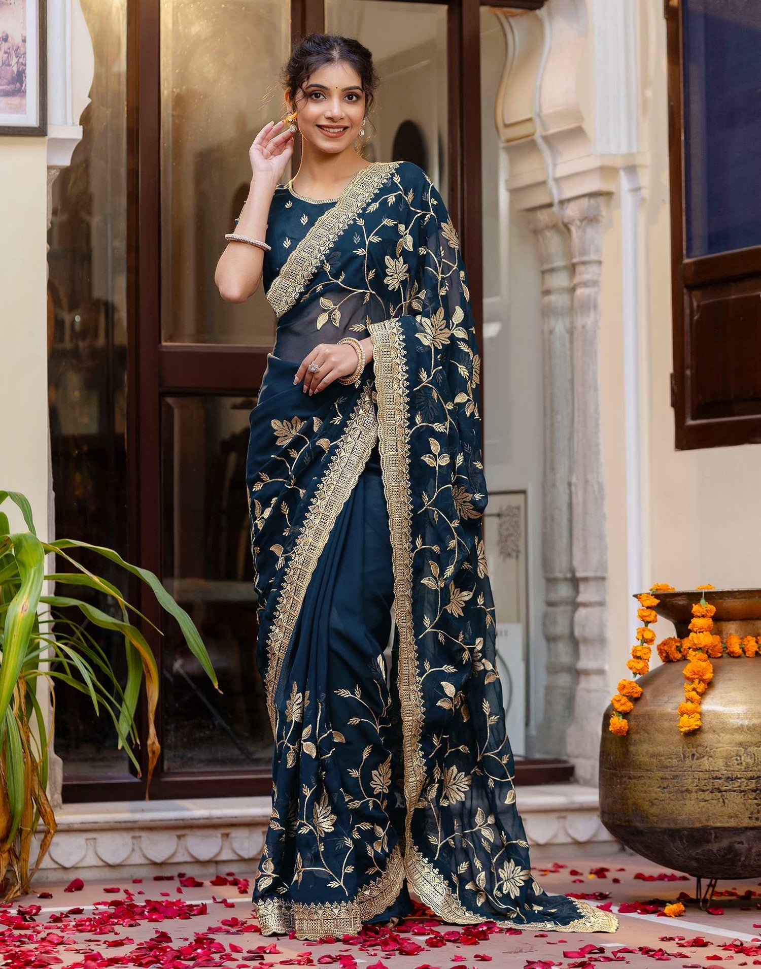 Rama Blue Georgette Embroidery Saree