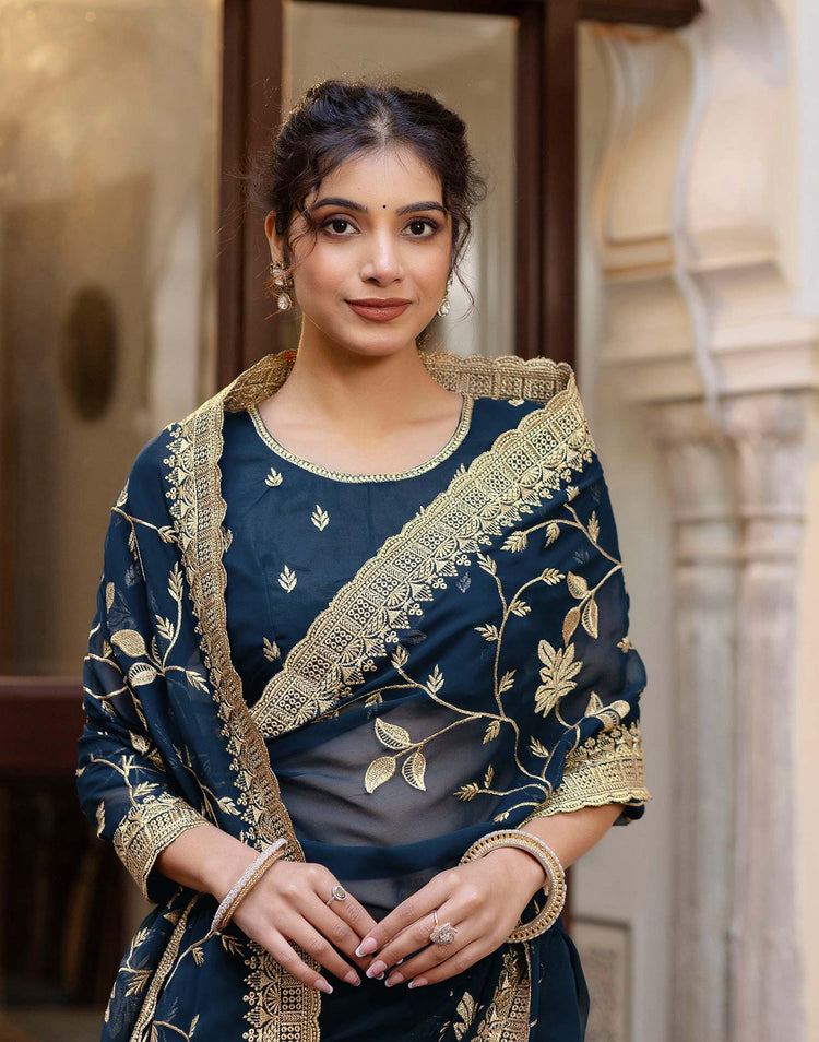 Rama Blue Georgette Embroidery Saree