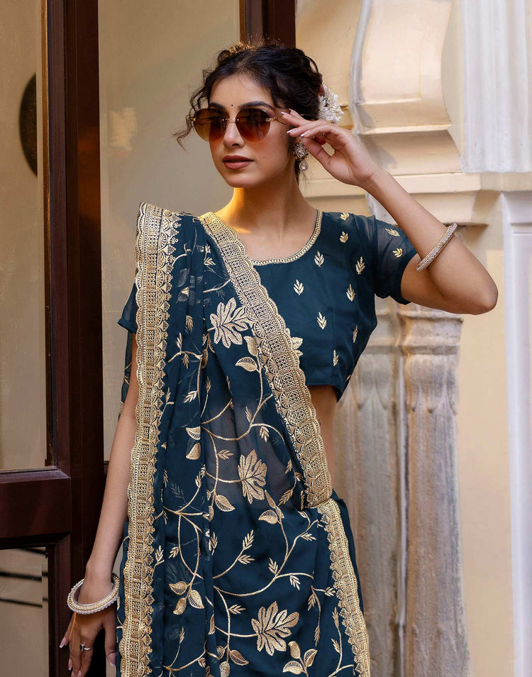 Rama Blue Georgette Embroidery Saree