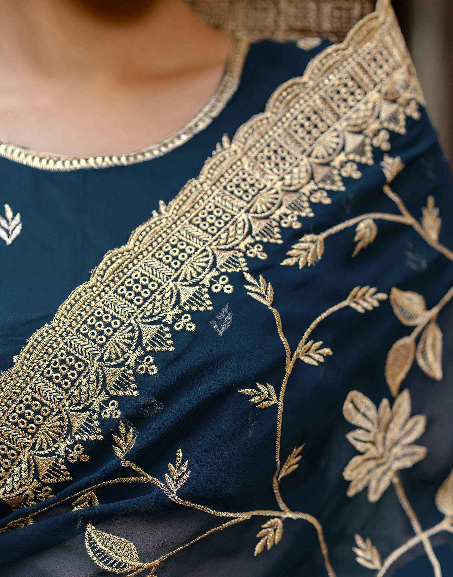 Rama Blue Georgette Embroidery Saree