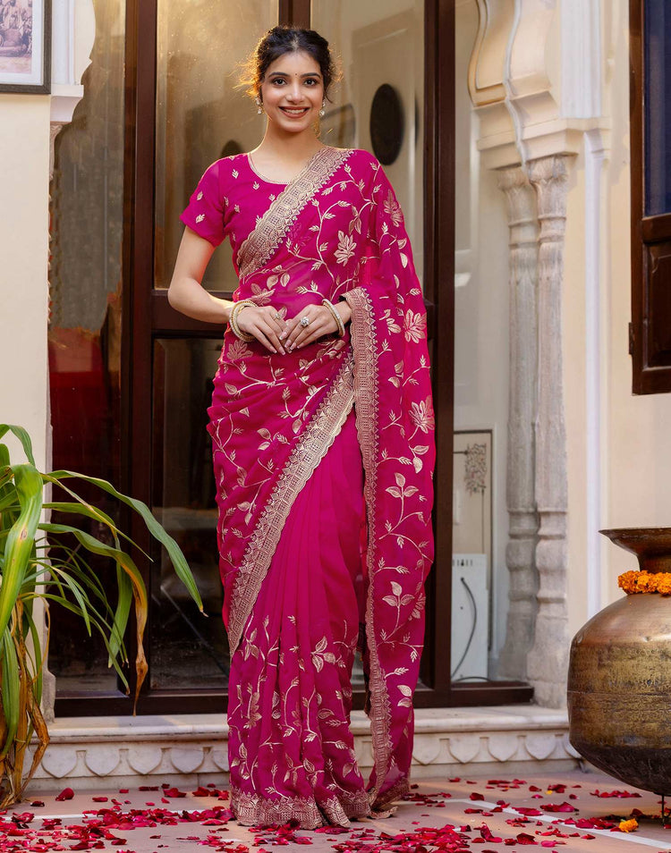Dark Pink Georgette Embroidery Saree