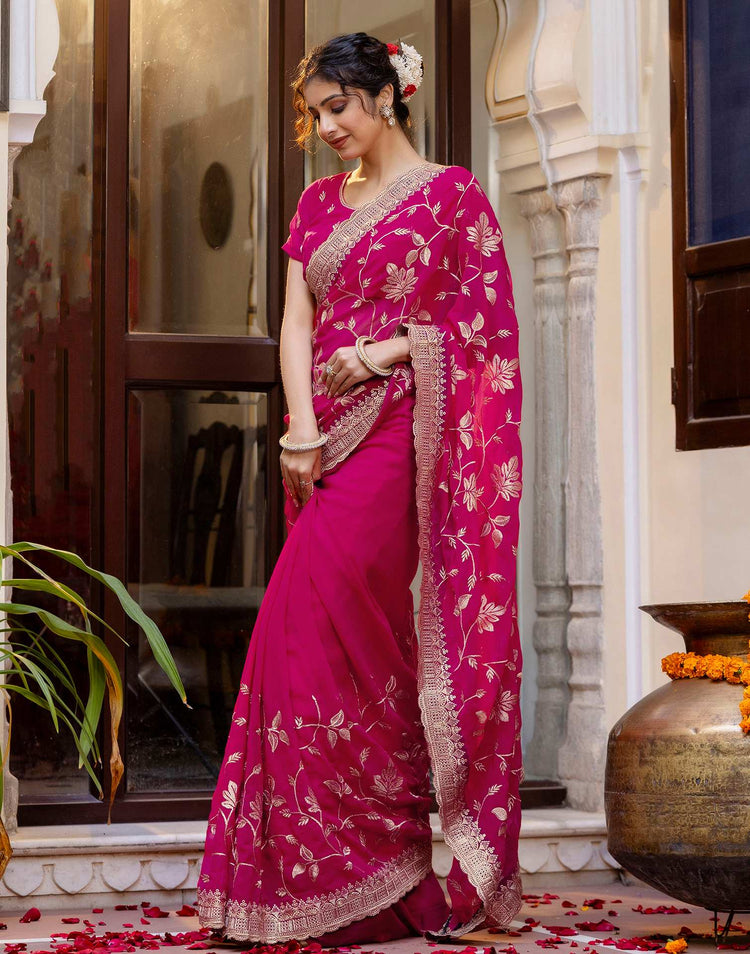 Dark Pink Georgette Embroidery Saree
