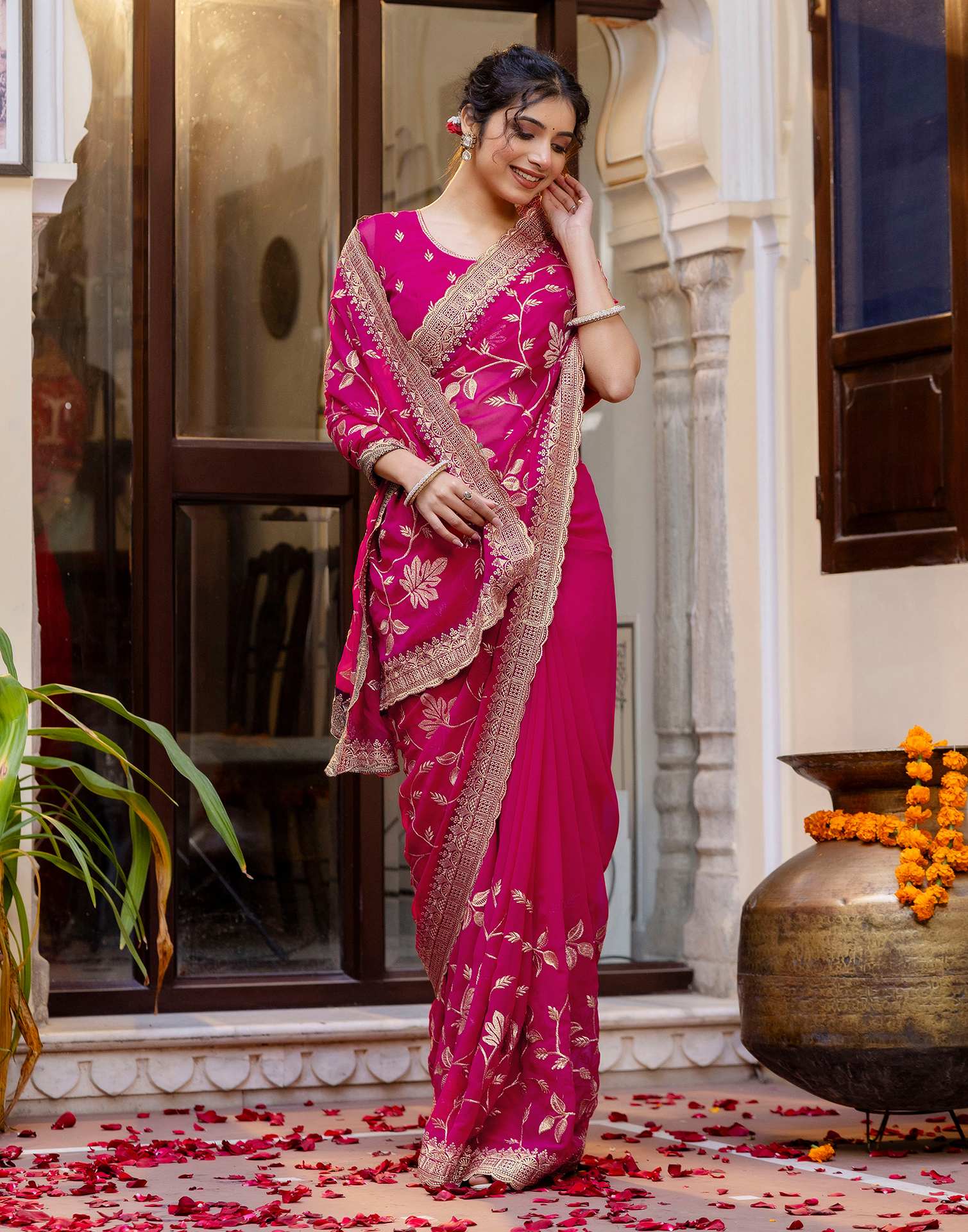 Dark Pink Georgette Embroidery Saree