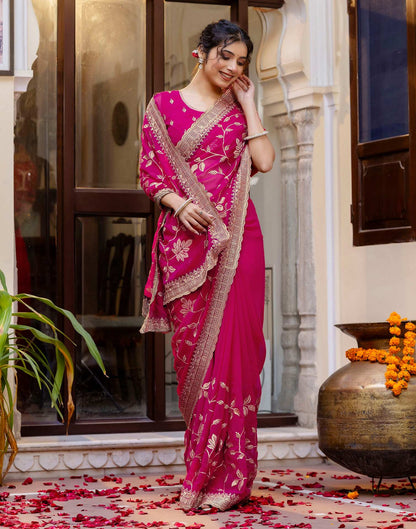 Dark Pink Georgette Embroidery Saree