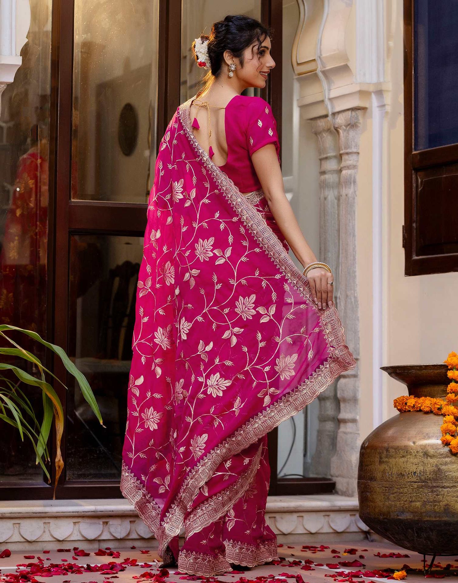 Dark Pink Georgette Embroidery Saree