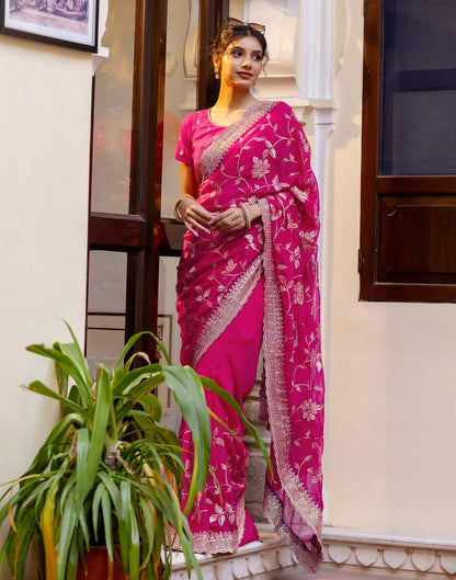 Dark Pink Georgette Embroidery Saree