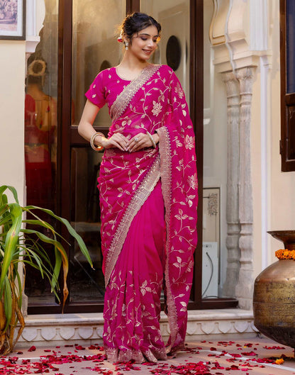 Dark Pink Georgette Embroidery Saree